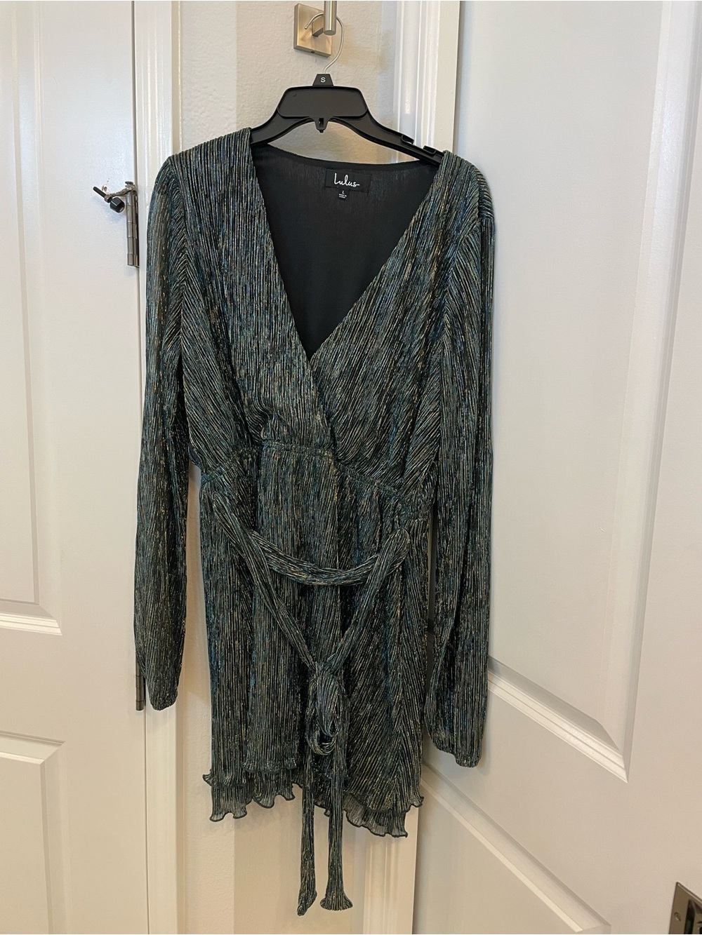 Lulu's Teal-Green Metallic Wrap Mini Dress